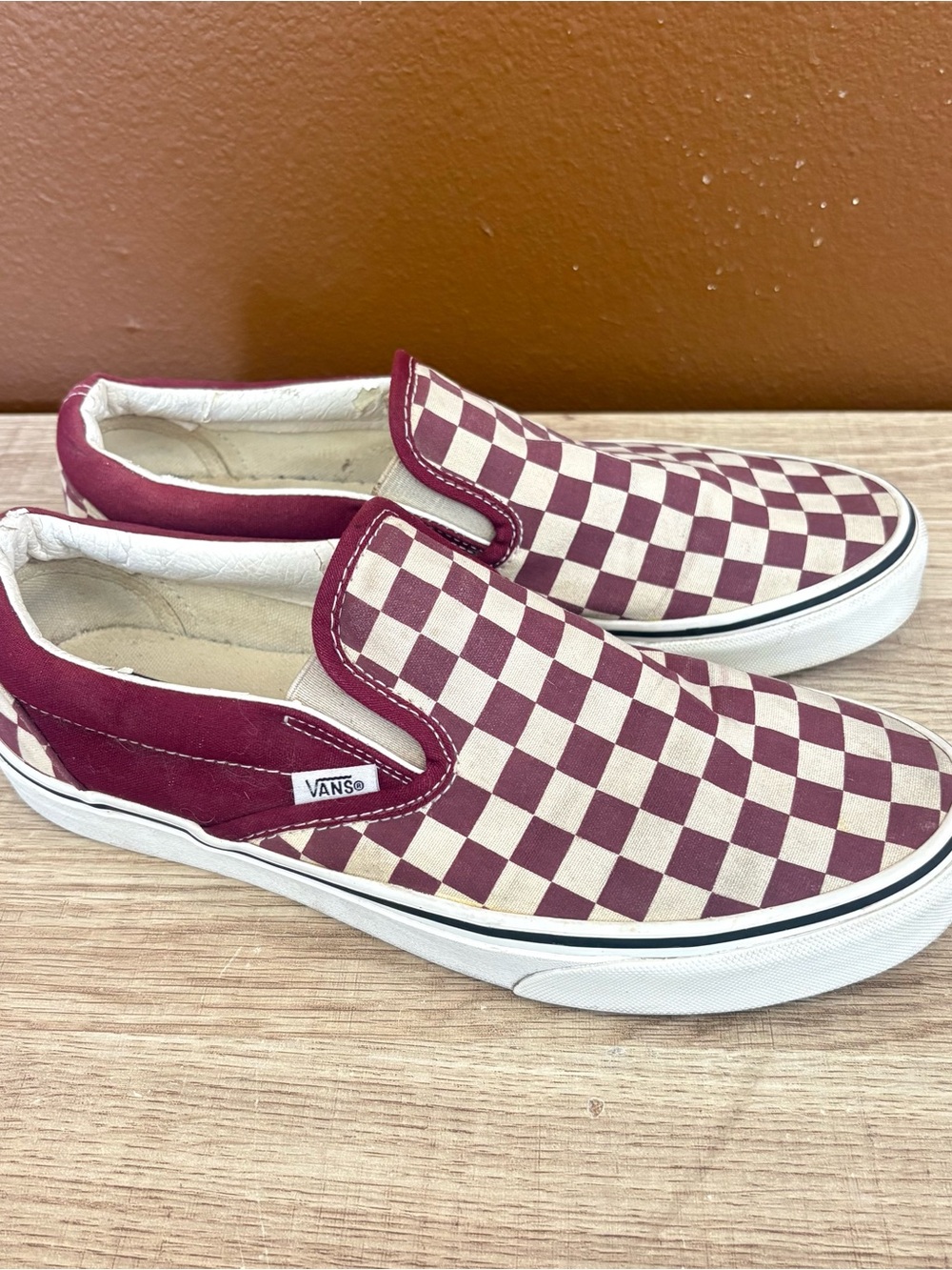 Vans Burgundy and White Checkerboard Slip-on Sneakers, Men’s 8.5, Women’s 10